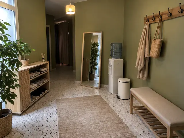 Bekleme alanı: bank, ayna, su sebili ve askılar — Ispartakule, Masaj Salonun